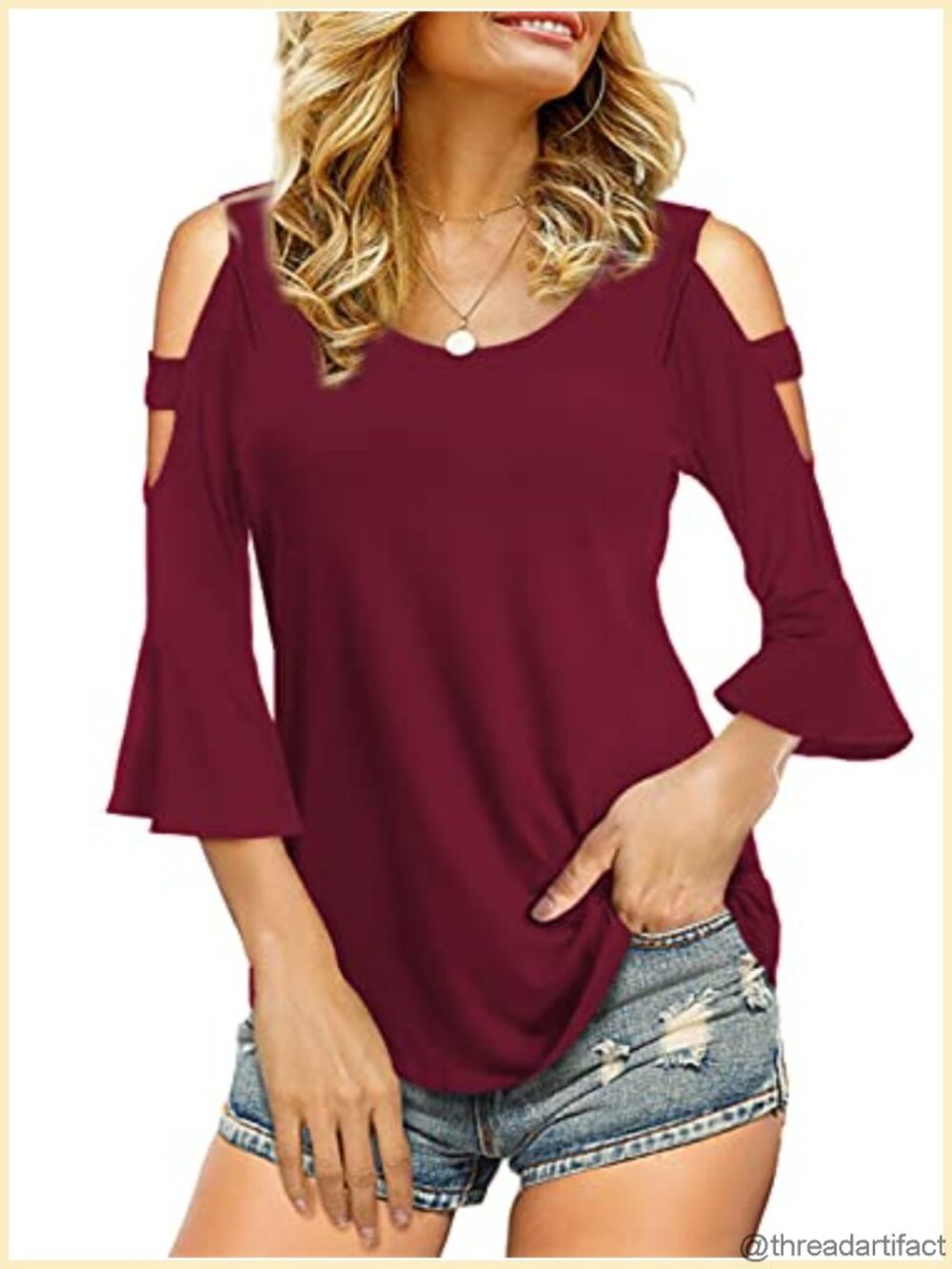 Womens Cold Shoulder Top 3/4 Sleeve Cutout Casual Blouse Loose Fit Summer